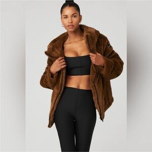 ALO Yoga Knock Out Faux Fur Hooded Jacket Chocolate Brown size Small